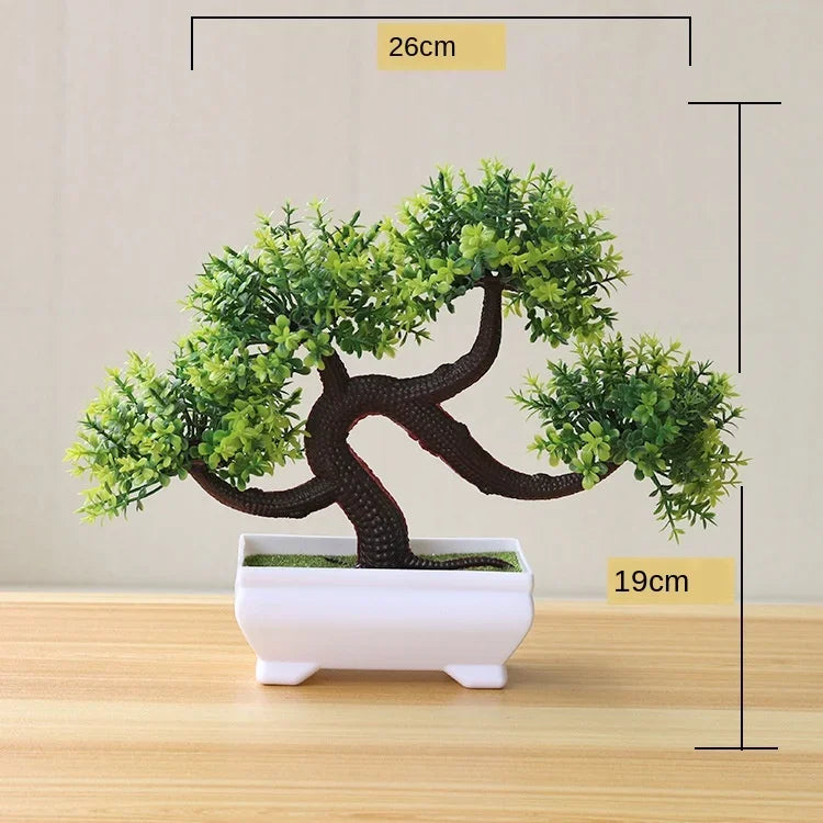 Bonsaï artificiel en pot, petit arbre pour maison et jardin, feuillage vert clair en deux étages sur tronc brun, pot rectangulaire blanc, dimensions 26 x 19 cm (vue 21) - Nesty