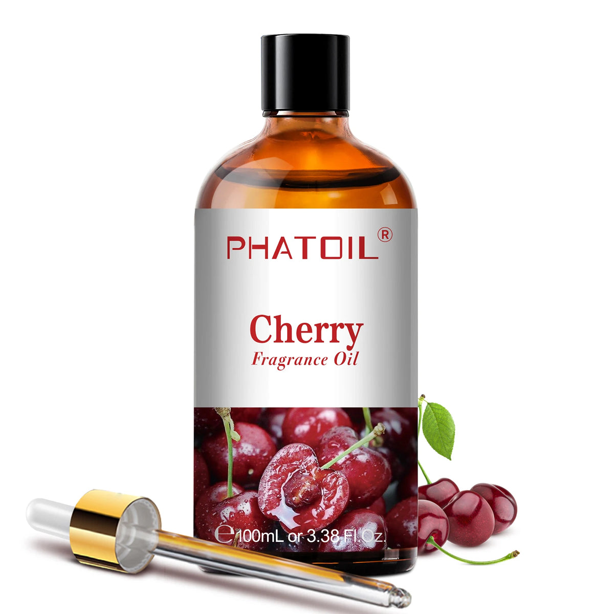 Huile parfumée d'aromathérapie Nesty - Flacon Cerise PHATOIL avec pipette dorée et cerises fraîches