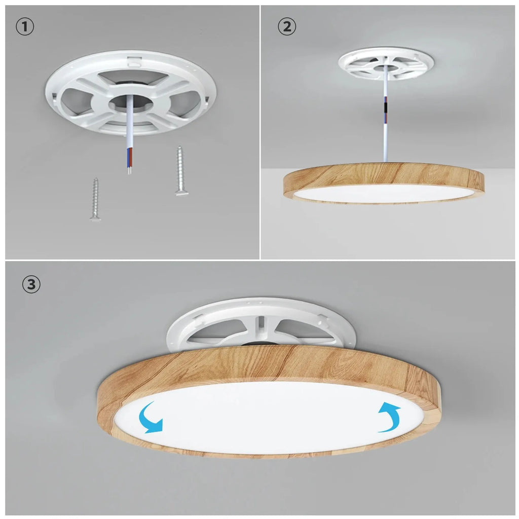 Plafonnier LED bois et blanc Nesty - Étapes de montage au plafond en 3 illustrations numérotées