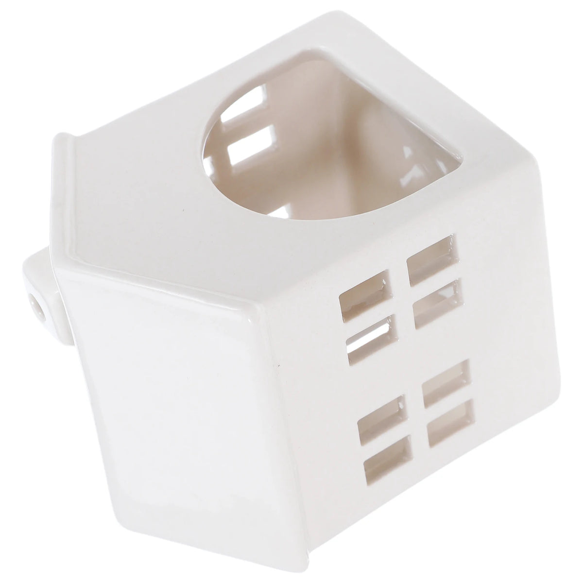 Photophore céramique blanc forme maisonnette cubique, autre angle sur les façades ajourées - Nesty