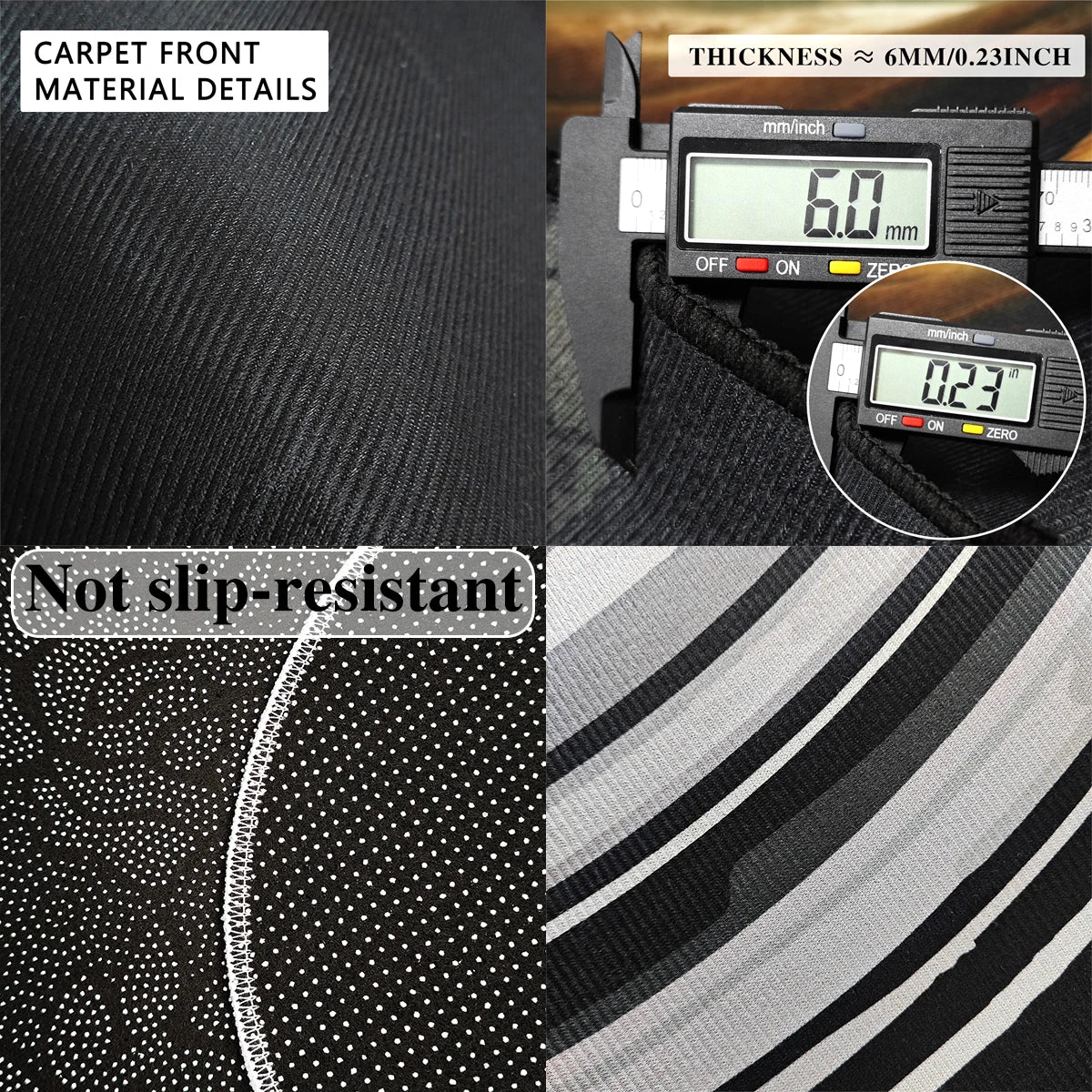 Collage de gros plans sur le tissu noir du tapis : texture, épaisseur mesurée au pied à coulisse (6 mm), mention 'non antidérapant' et envers à motif rayé.