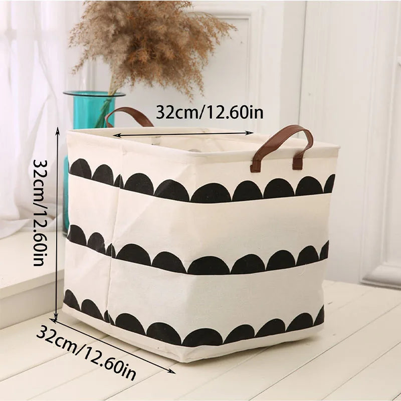 Panier de rangement pliable en lin Nesty - Motif demi-cercles noirs, dimensions 32 x 32 x 32 cm