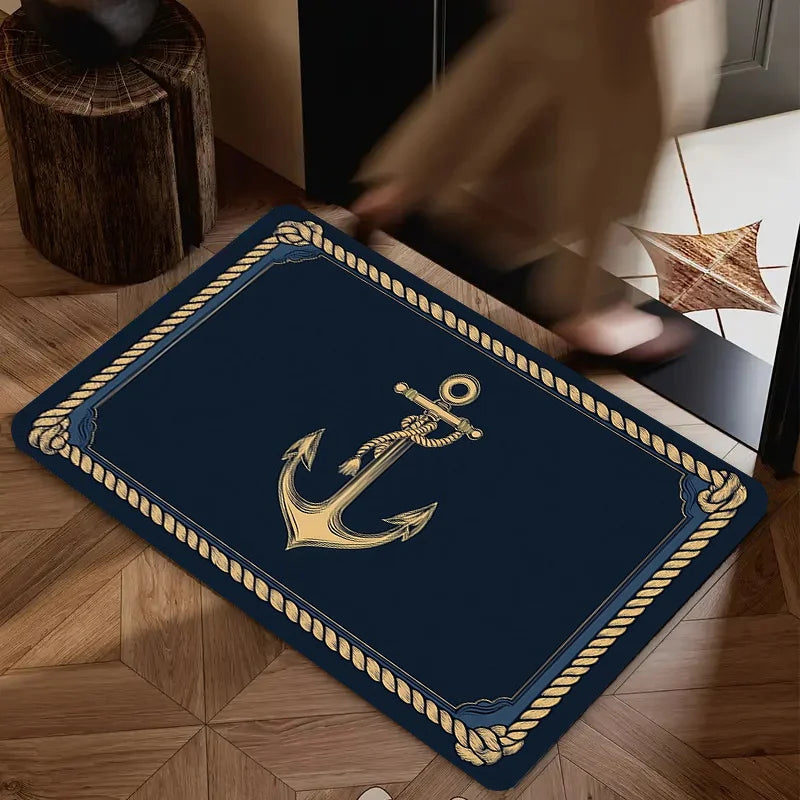 Paillasson flanelle motif ancre marine, bordure corde dorée, antidérapant - Nesty (vue 3)