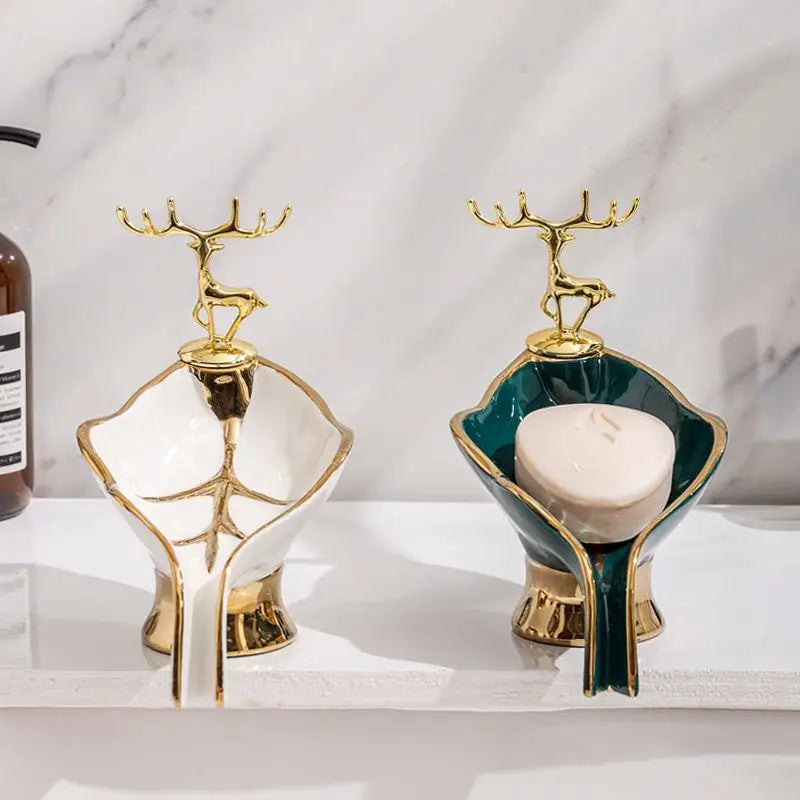 Duo de porte-savons en céramique forme feuille papillon dorée avec figurine de cerf, coloris blanc et vert, avec savon - Nesty