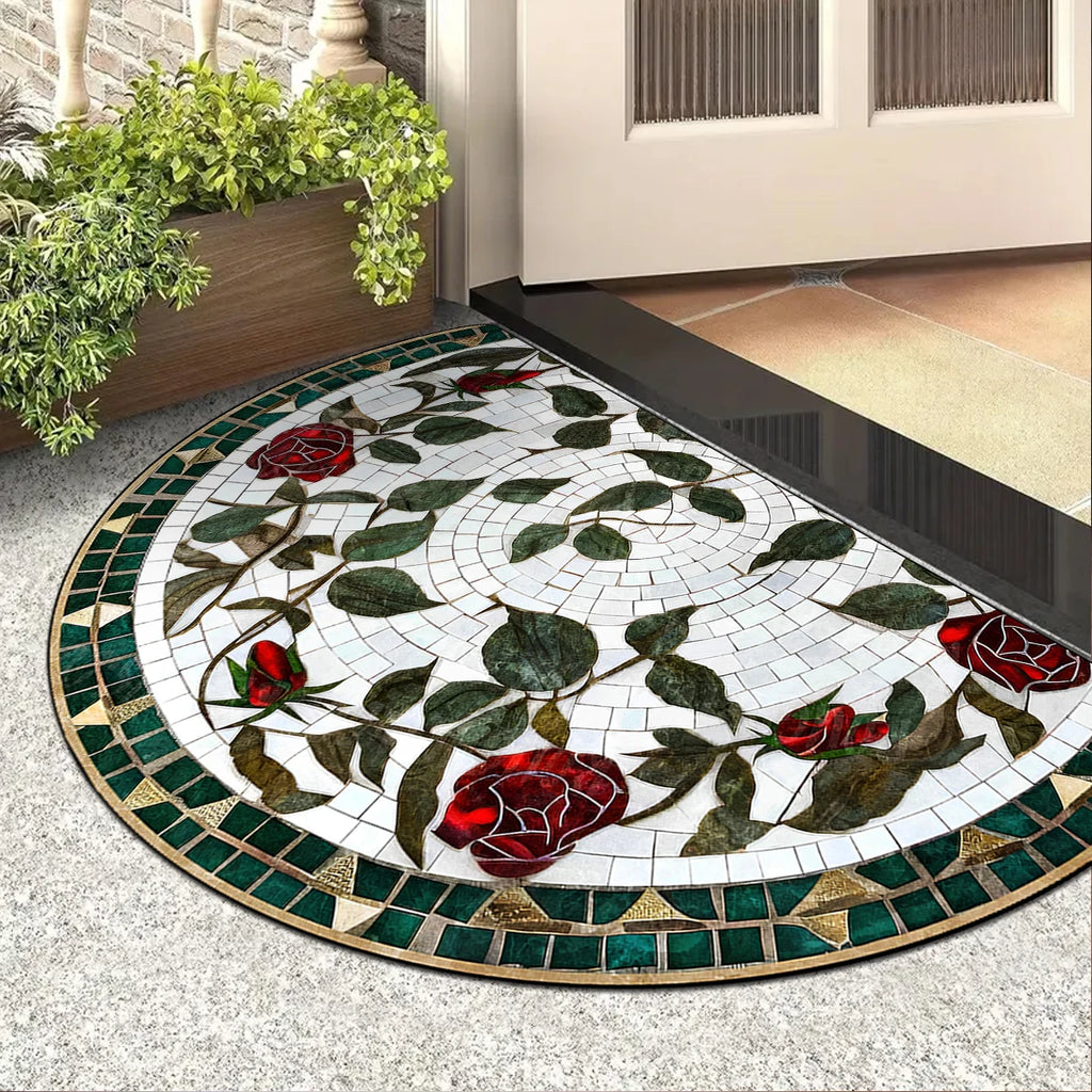 Tapis d'entrée semi-circulaire à motif floral Nesty - Imprimé mosaïque roses rouges, posé devant une porte d'entrée