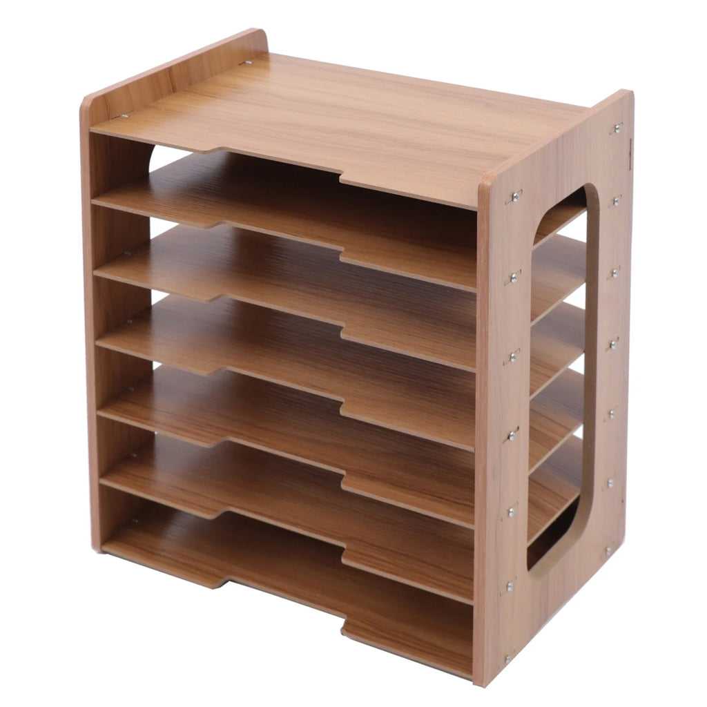 Organiseur de bureau en bois à 7 niveaux, plateau documents format A4, vue de trois quarts sur fond blanc - Nesty