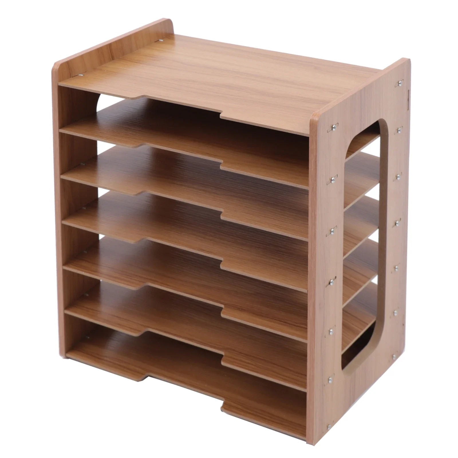 Organiseur de bureau en bois à 7 niveaux, plateau documents format A4, vue de trois quarts sur fond blanc - Nesty