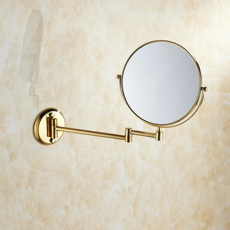 Miroir mural double face doré Nesty - Vue de profil montrant l'extension du bras doré sur mur marbré