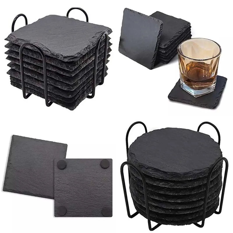 Lot de 8 dessous de verre en ardoise noire carrés et ronds sur support métal, avec patins antidérapants au dos - Nesty