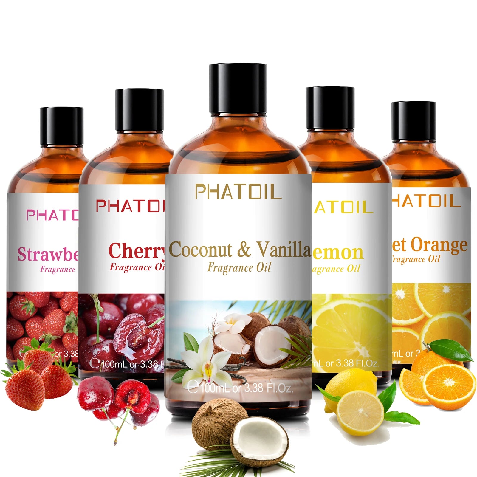 Huile parfumée d'aromathérapie Nesty - Gamme de 5 flacons PHATOIL fraise, cerise, coco-vanille, citron et orange