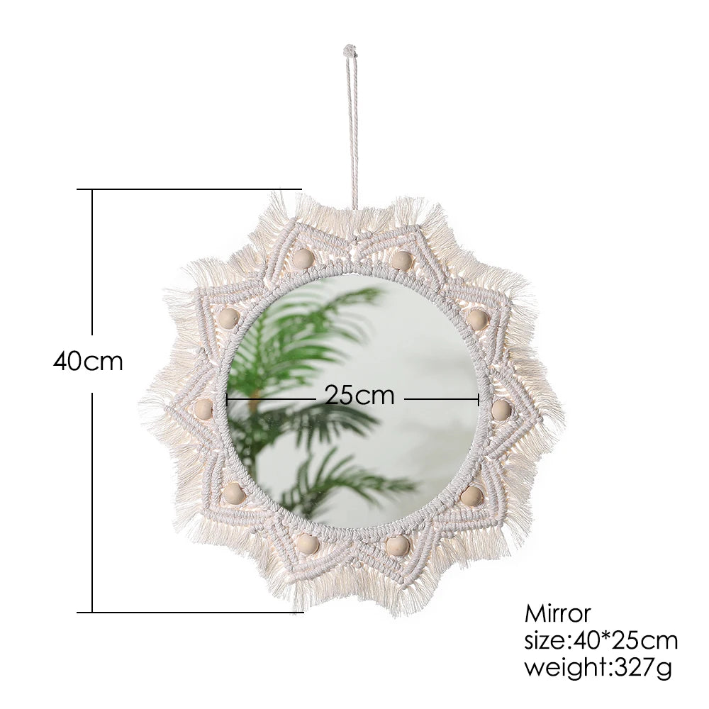 Miroir mural macramé rond à cadre tressé étoilé et perles en bois, avec cotes techniques : 40 cm total, miroir 25 cm, poids 327 g - Nesty