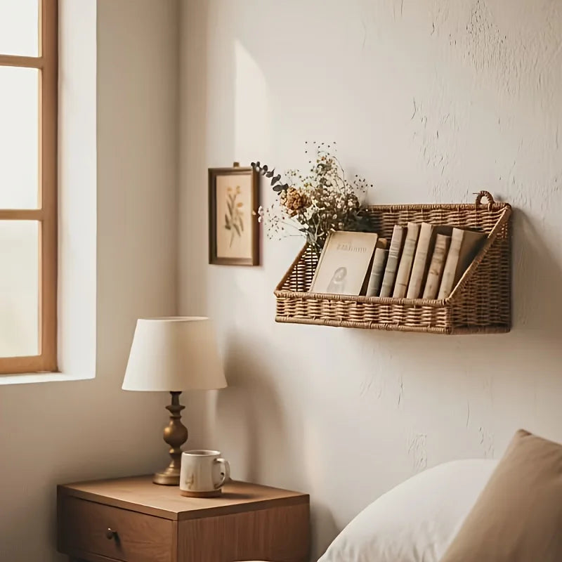 Panier mural tressé en rotin avec crochets, rangement rustique - Nesty (vue 2)