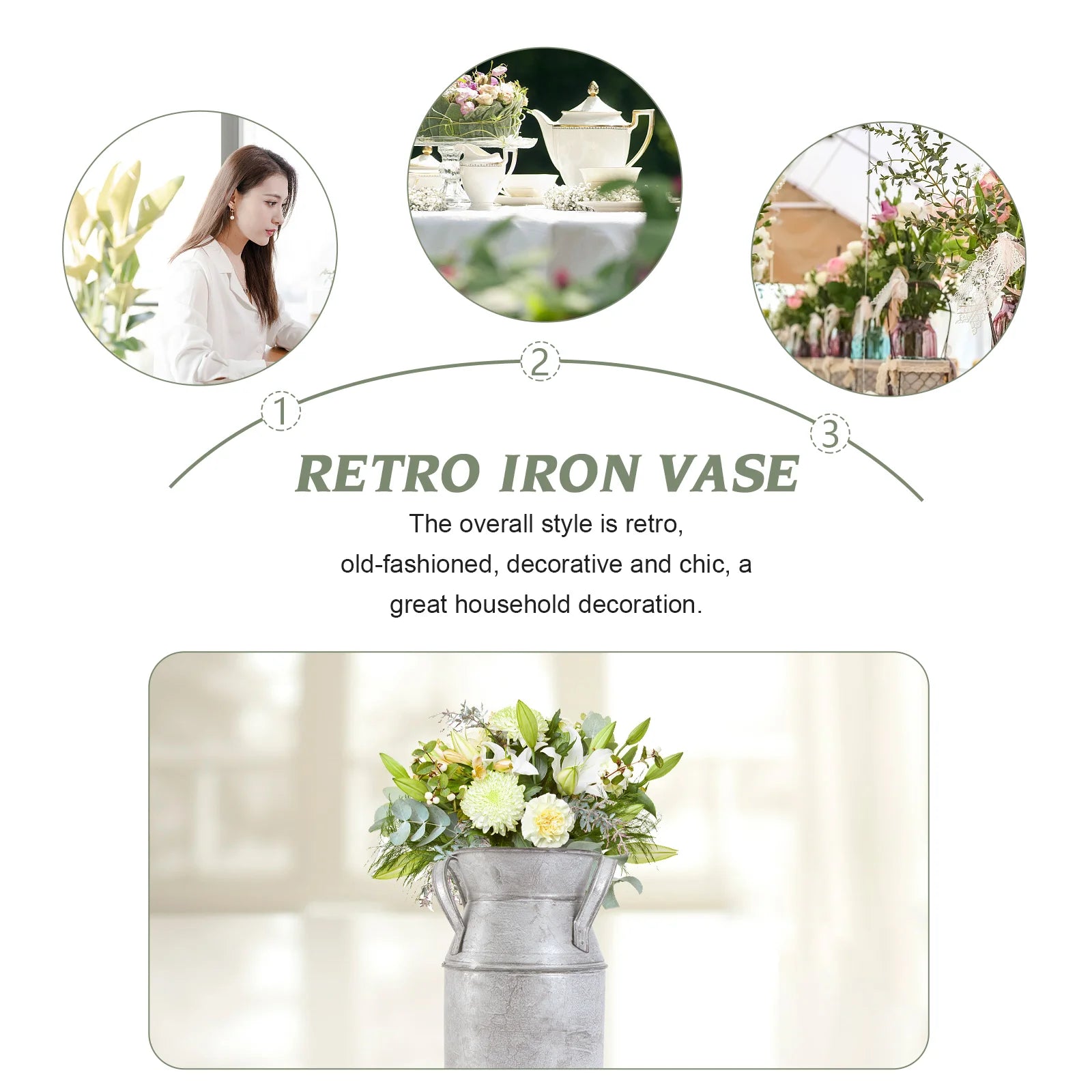 Vase seau en métal patiné Nesty - Visuel 'Retro Iron Vase' avec bouquet de fleurs blanches (texte en anglais)