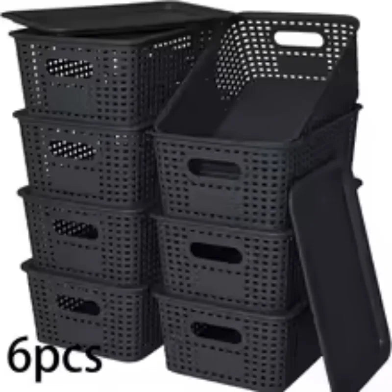 Lot de 6 paniers de rangement tressés empilables avec couvercle Nesty, paniers empilés vides, mention 6pcs, fond blanc