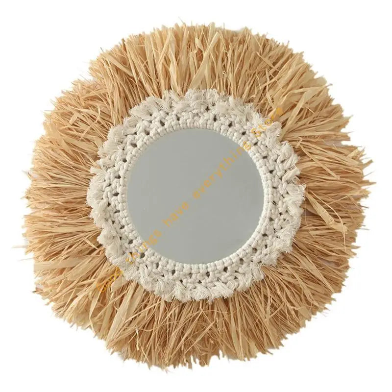 Miroir mural rond à franges de raphia naturel et bordure crochet coton blanc, vue de face rapprochée - Nesty