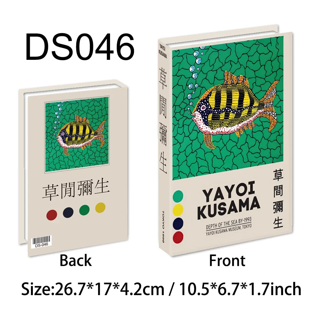 Faux livre décoratif boîte de rangement style nordique, couverture Yayoi Kusama, poisson à pois sur fond vert (vue 46) - Nesty