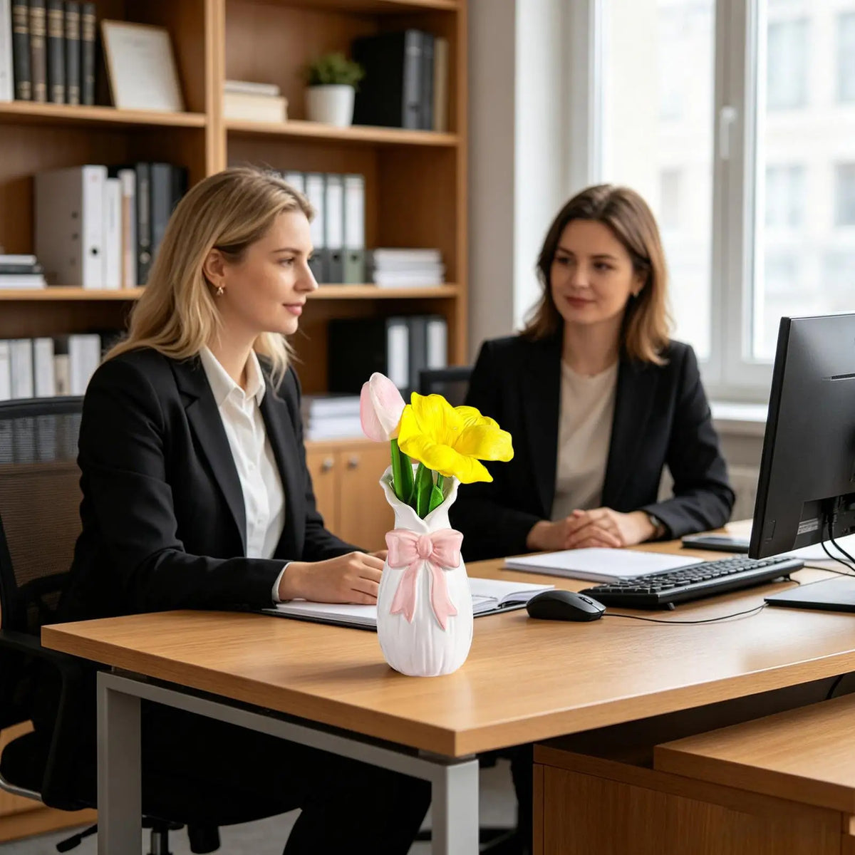 Vase en céramique avec détail nœud, décoration étagère Nesty, même vase garni de tulipes jaunes et roses, posé sur un bureau de bureau entre deux femmes en tenue professionnelle