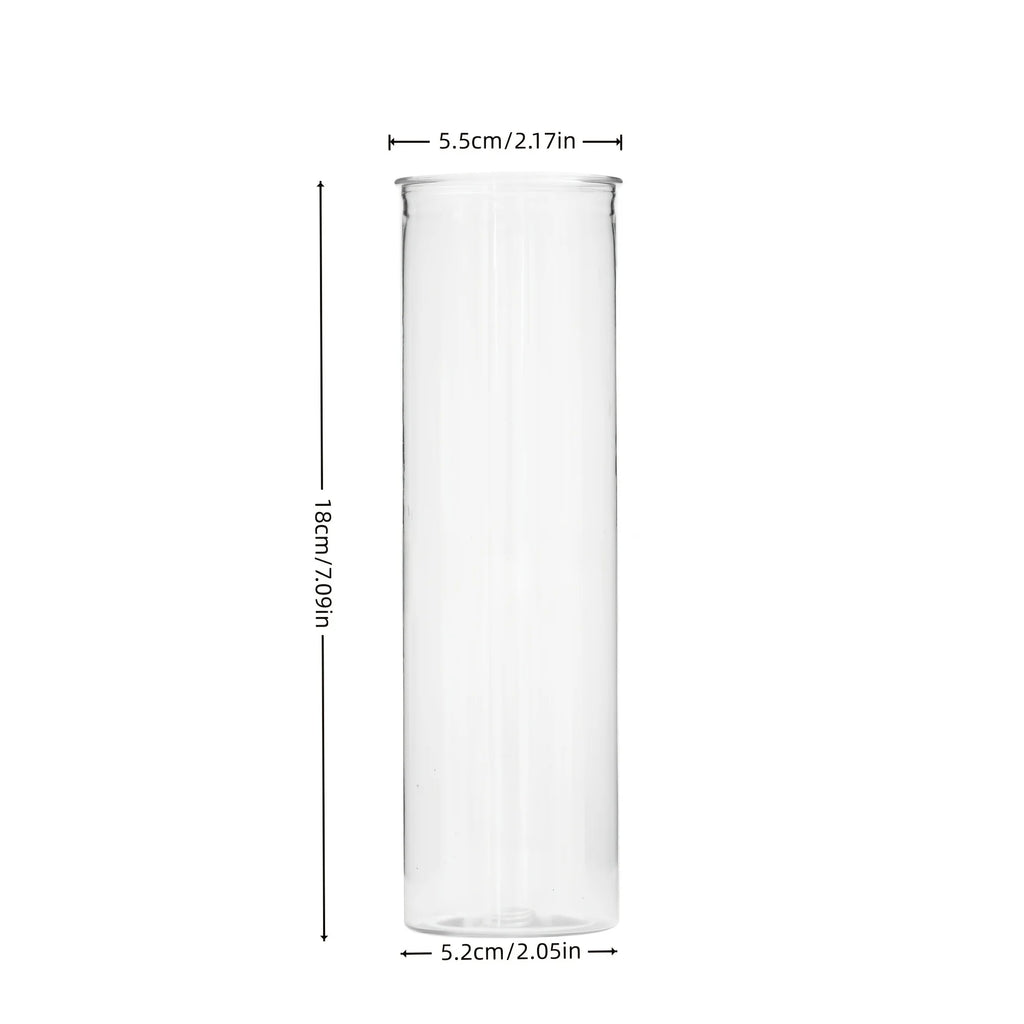 Set de vases cylindriques transparents, trois tailles - Nesty - Vue de face avec cotations, hauteur 18cm, diamètre haut 5,5cm et bas 5,2cm, fond blanc