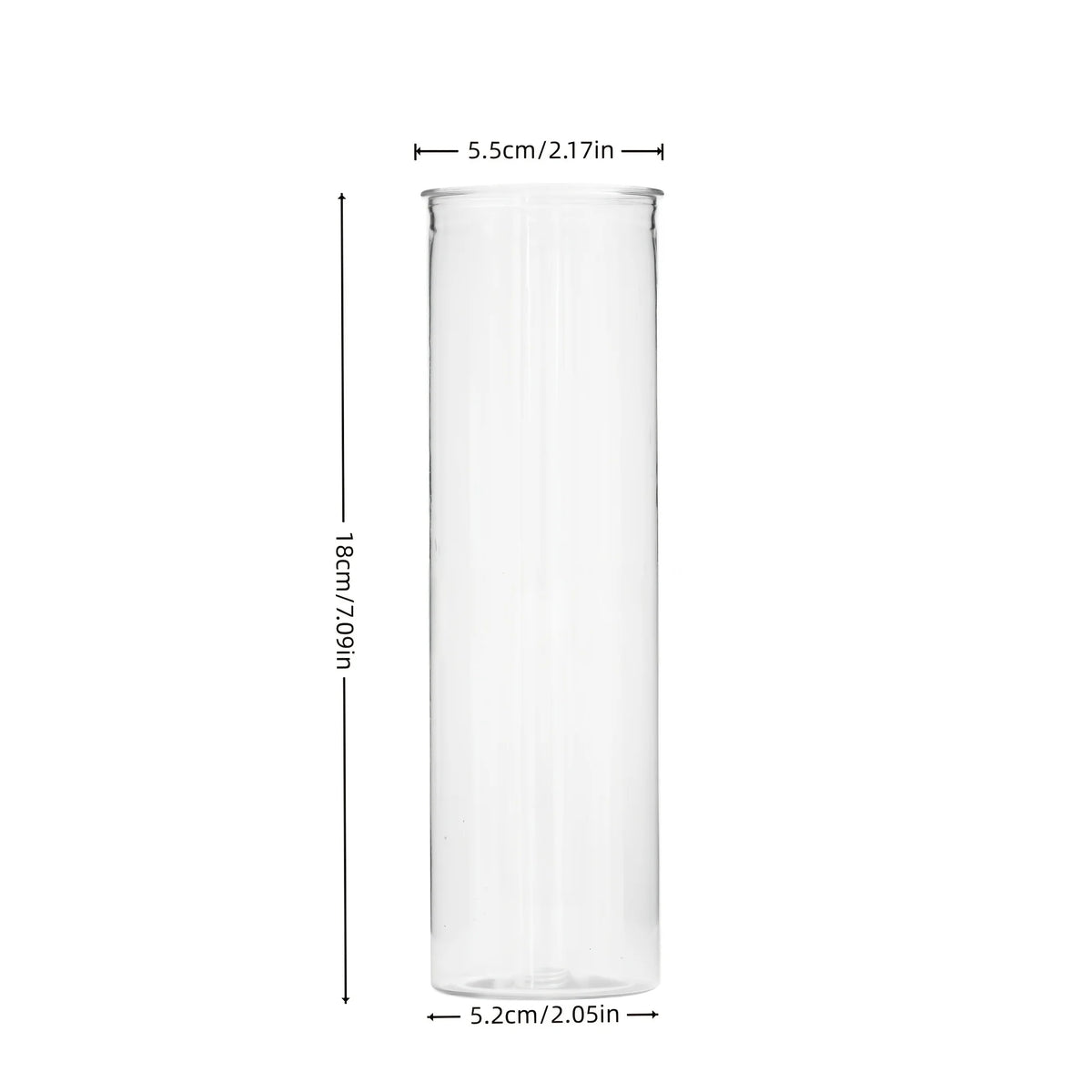 Set de vases cylindriques transparents, trois tailles - Nesty - Vue de face avec cotations, hauteur 18cm, diamètre haut 5,5cm et bas 5,2cm, fond blanc