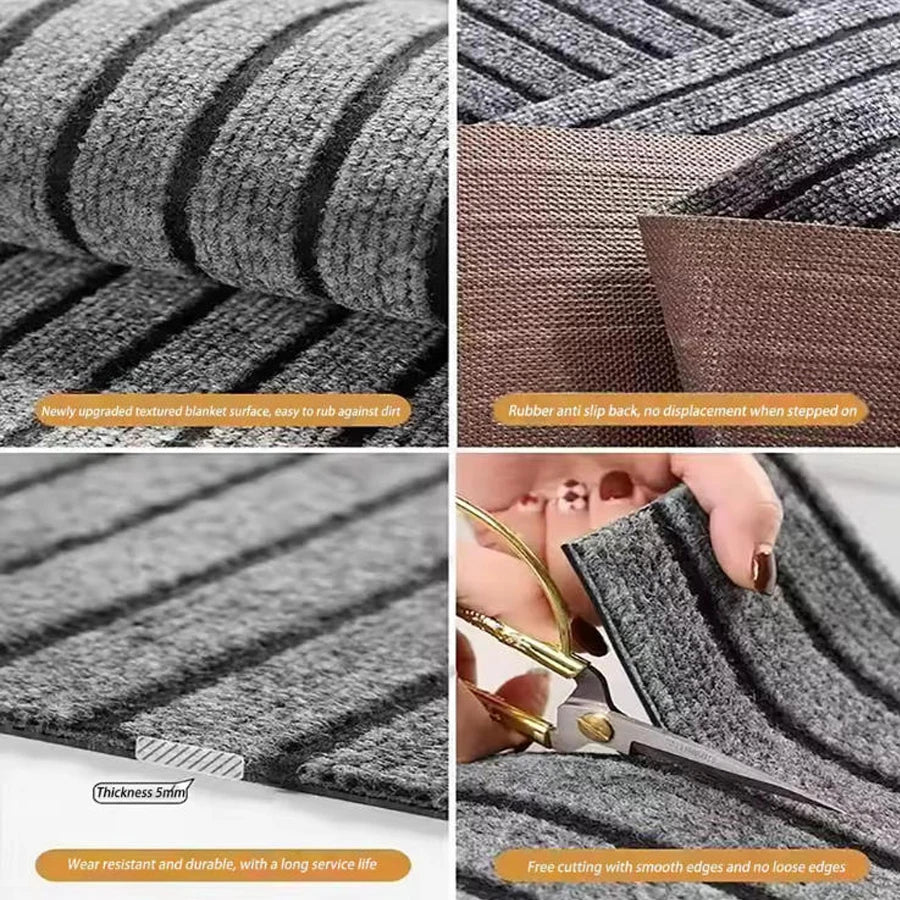 Tapis long à rayures classiques — cuisine et entrée - Nesty, collage détail : surface texturée anti-salissure, envers antidérapant et découpe sur mesure