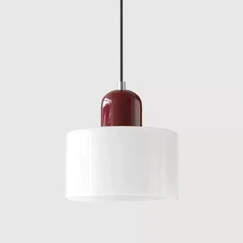 Suspension luminaire pour chevet et salle à manger, abat-jour cylindrique blanc brillant et culot rouge bordeaux, câble noir (vue 22) - Nesty