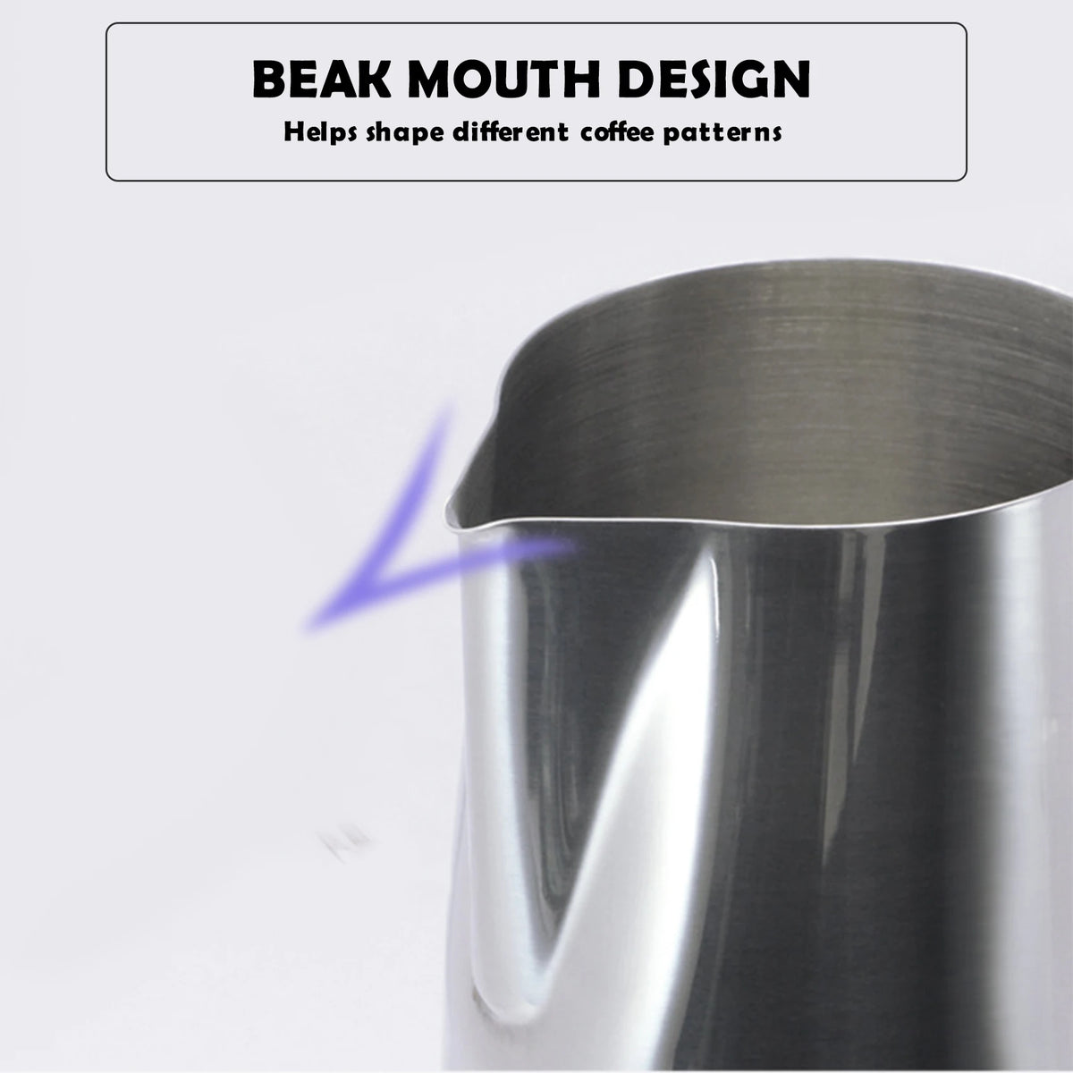 Pichet à lait en inox avec thermomètre intégré Nesty, gros plan sur le bec verseur pointu du pichet