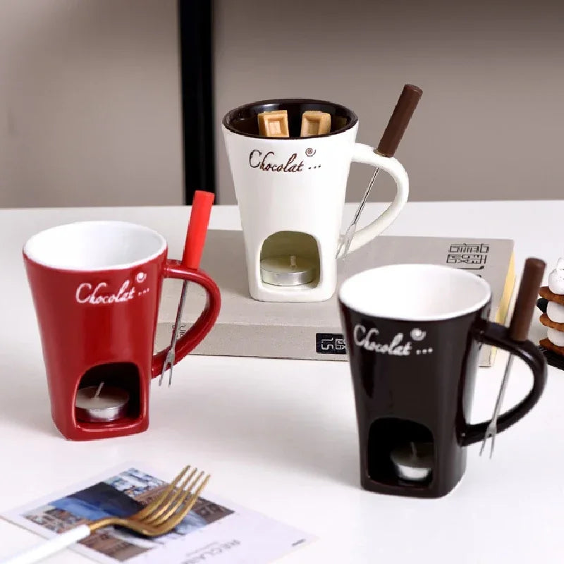Mug à fondue en céramique, avec fourchette Nesty, trois mugs à fondue au chocolat rouge, blanc et noir, avec fourchette et compartiment à bougie chauffe-plat