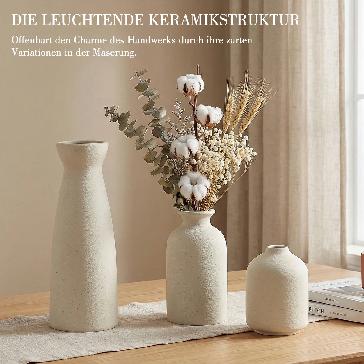 Trio de vases en grès beige, style champêtre - Nesty (vue 4)