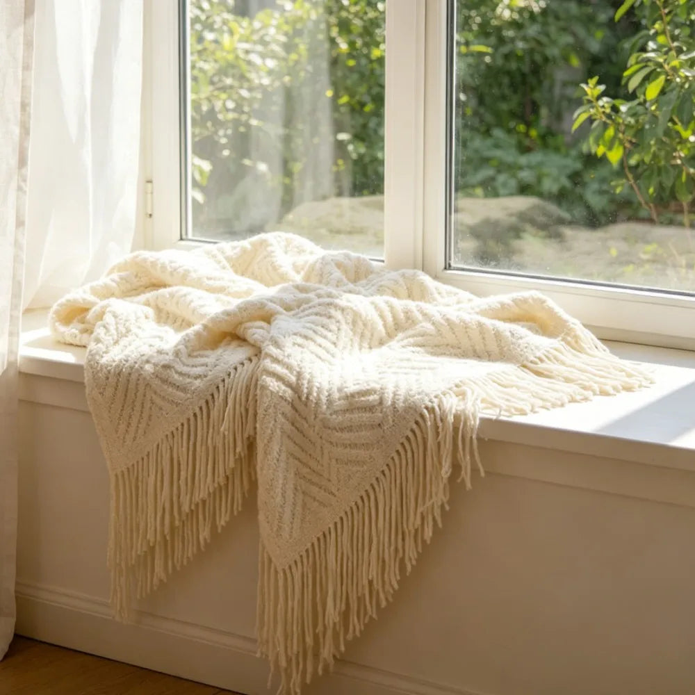 Plaid tricoté crème à franges Nesty - Posé sur rebord de fenêtre ensoleillé avec vue sur jardin