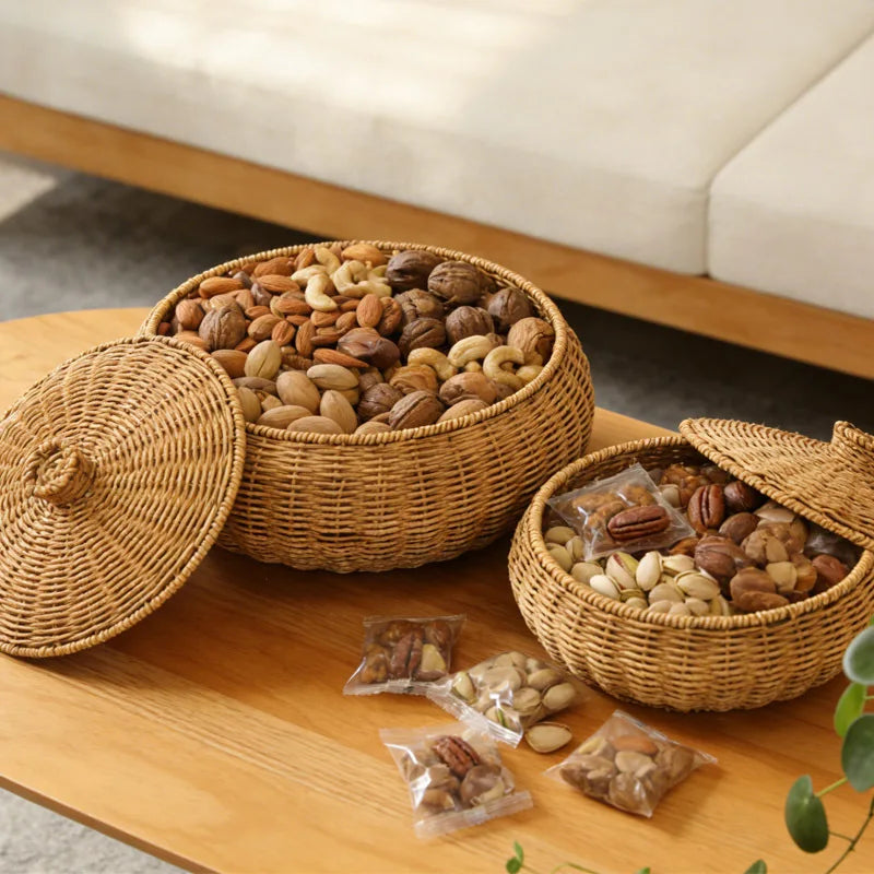 Panier rond tressé effet rotin avec couvercle, pour pain et fruits Nesty, deux paniers garnis de fruits secs (amandes, noix de cajou, noix, pécans, pistaches) sur table basse