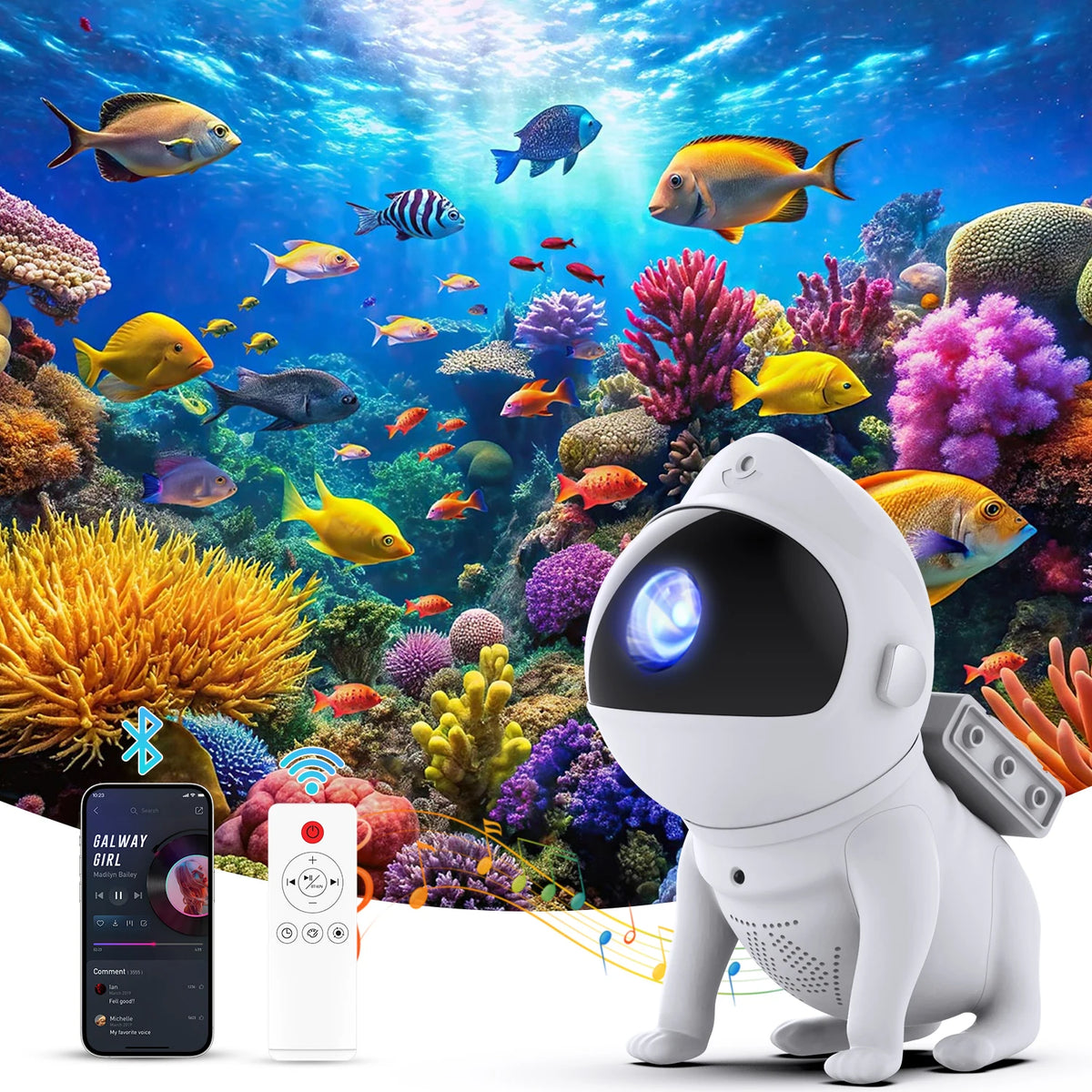 Projecteur veilleuse étoilé, effet galaxie pour chambre Nesty, veilleuse projecteur en forme de robot astronaute projetant une scène de récif corallien avec poissons colorés, icônes Bluetooth et wifi, télécommande et application musicale