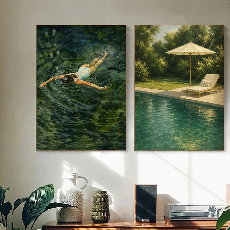 Toile imprimée nageuse et bassin Nesty - Deux affiches encadrées, nageuse sous l'eau verte et piscine avec parasol