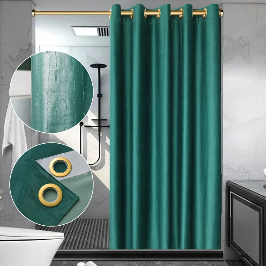 Rideau de douche en velours avec anneaux dorés, double épaisseur imperméable - Nesty (vue 1)