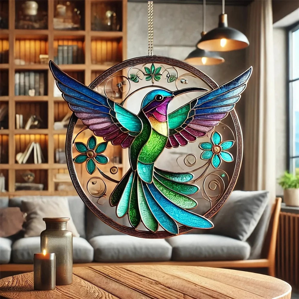 Suncatcher colibri en acrylique Nesty - Suspendu près d'une fenêtre dans un salon
