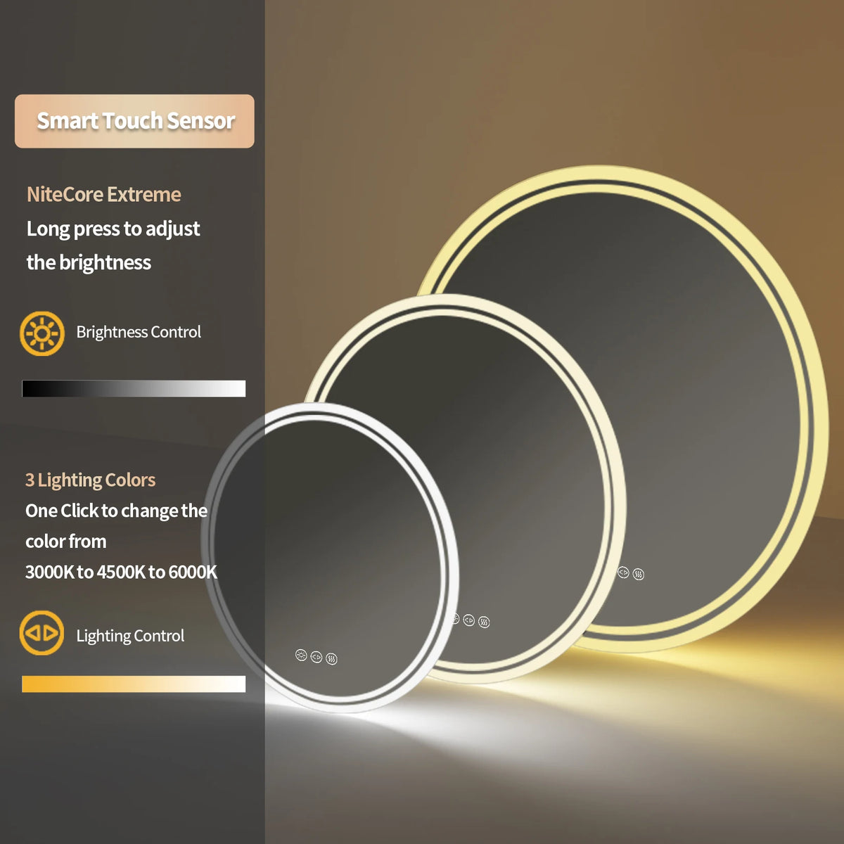 Miroir de salle de bain rond LED Nesty - Visuel comparatif des 3 tailles, capteur tactile et réglage de température de lumière (contenu en anglais)