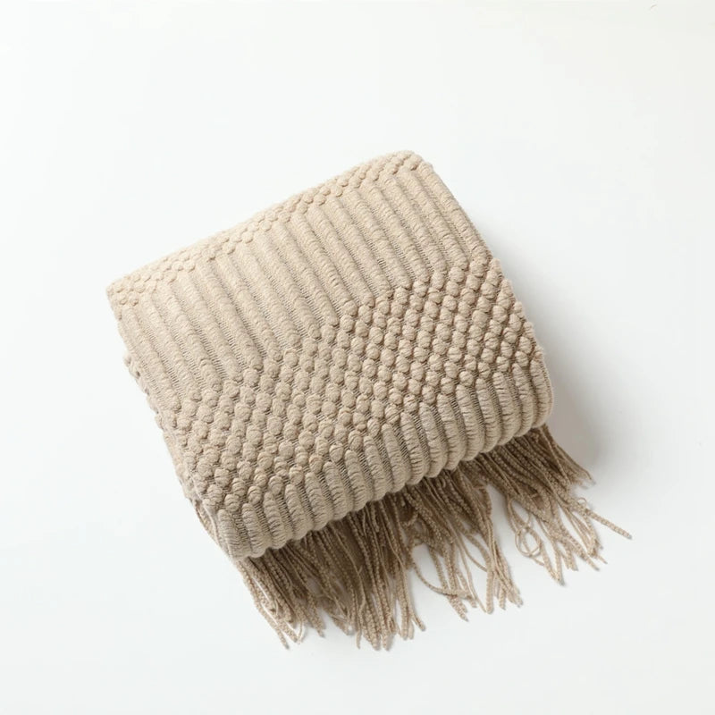 Plaid tricoté bohème kaki à franges, esprit tissage (vue 15) - Nesty