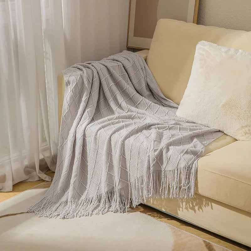 Plaid tricoté bohème blanc cassé oversize à franges - Nesty (vue 26)