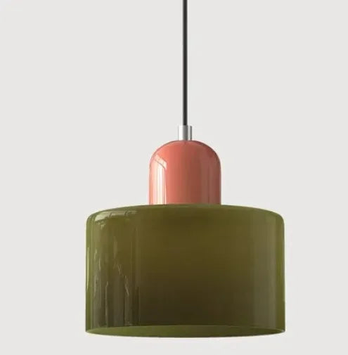 Suspension luminaire pour chevet et salle à manger, abat-jour cylindrique vert olive et culot rose corail (vue 23) - Nesty