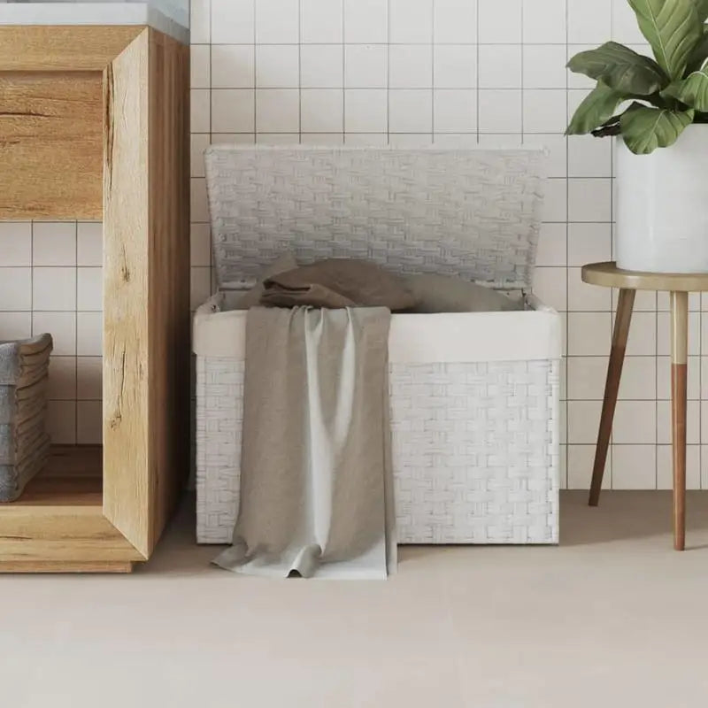 Panier à linge blanc avec couvercle en poly rotin, 55,5x35x34 cm - Nesty (vue 1)