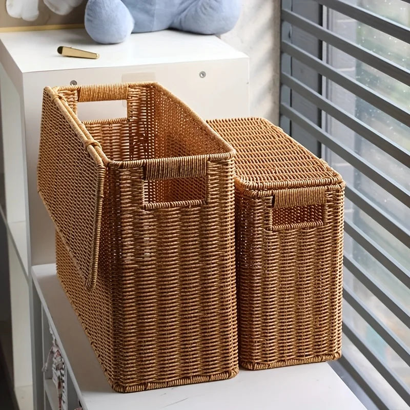 Boîte de rangement haute en rotin tressé Nesty - Deux tailles avec couvercle, l'une ouverte, près d'une fenêtre à stores