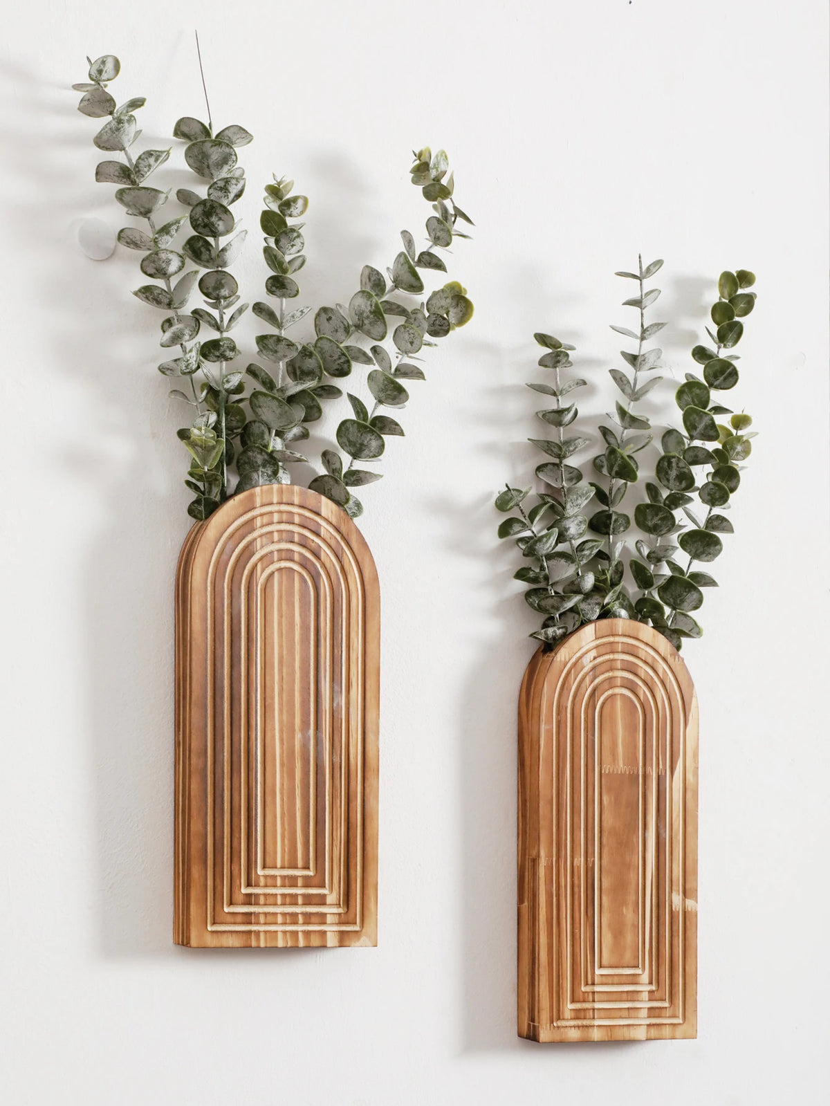 Vase mural en bois arqué, esprit bohème Nesty, deux tailles fixées au mur, motif en arche concentrique gravé, garnies d'eucalyptus argenté