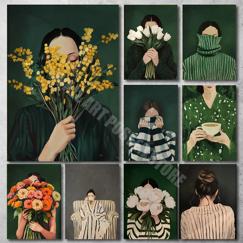 Toile imprimée silhouette abstraite aux fleurs Nesty - Planche de neuf illustrations de femmes tenant des bouquets sur fond vert foncé