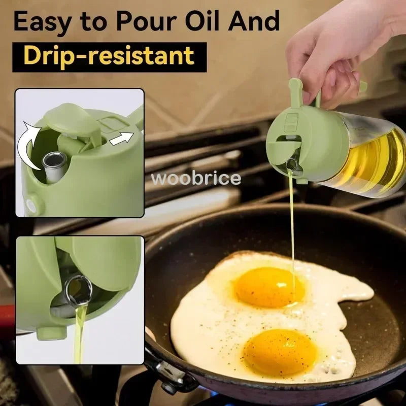 Flacon vaporisateur et verseur d'huile en verre, 500 ml Nesty, main pulvérisant de l'huile depuis un flacon vert sur des œufs au plat dans une poêle, vignettes du bouchon anti-goutte, texte "Easy to Pour Oil And Drip-resistant"