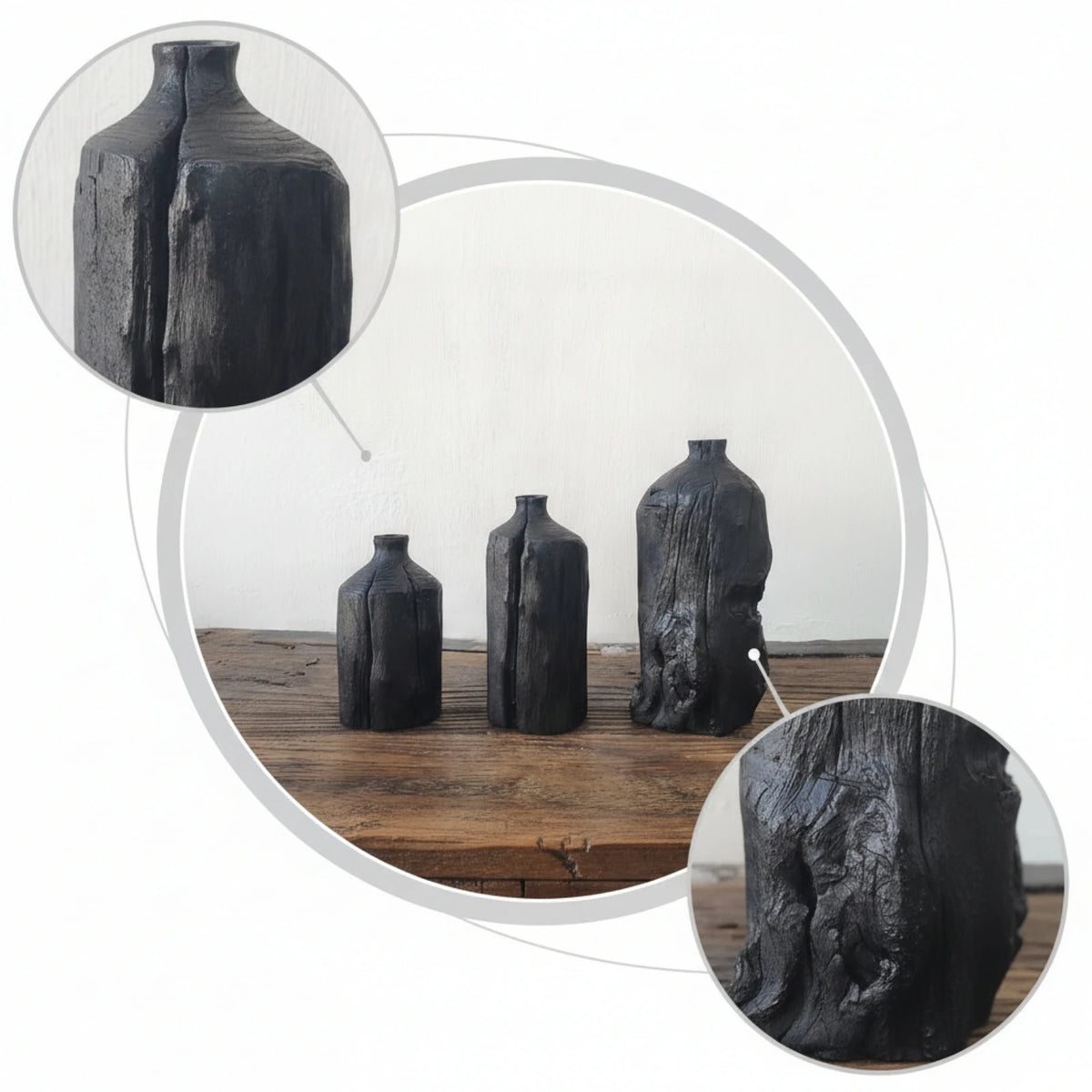 Trio de vases en bois sculpté, style wabi-sabi (vue 6) - Nesty