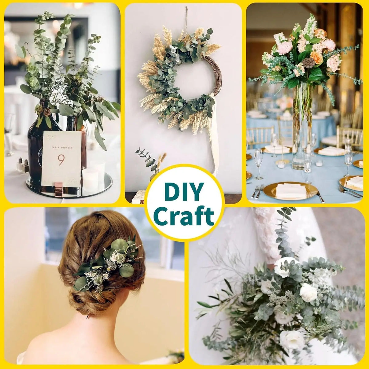 Collage d'idées déco DIY avec branches d'eucalyptus séché : bouquet en bonbonne, couronne murale, centre de table mariage, coiffure et bouquet de mariée - Nesty