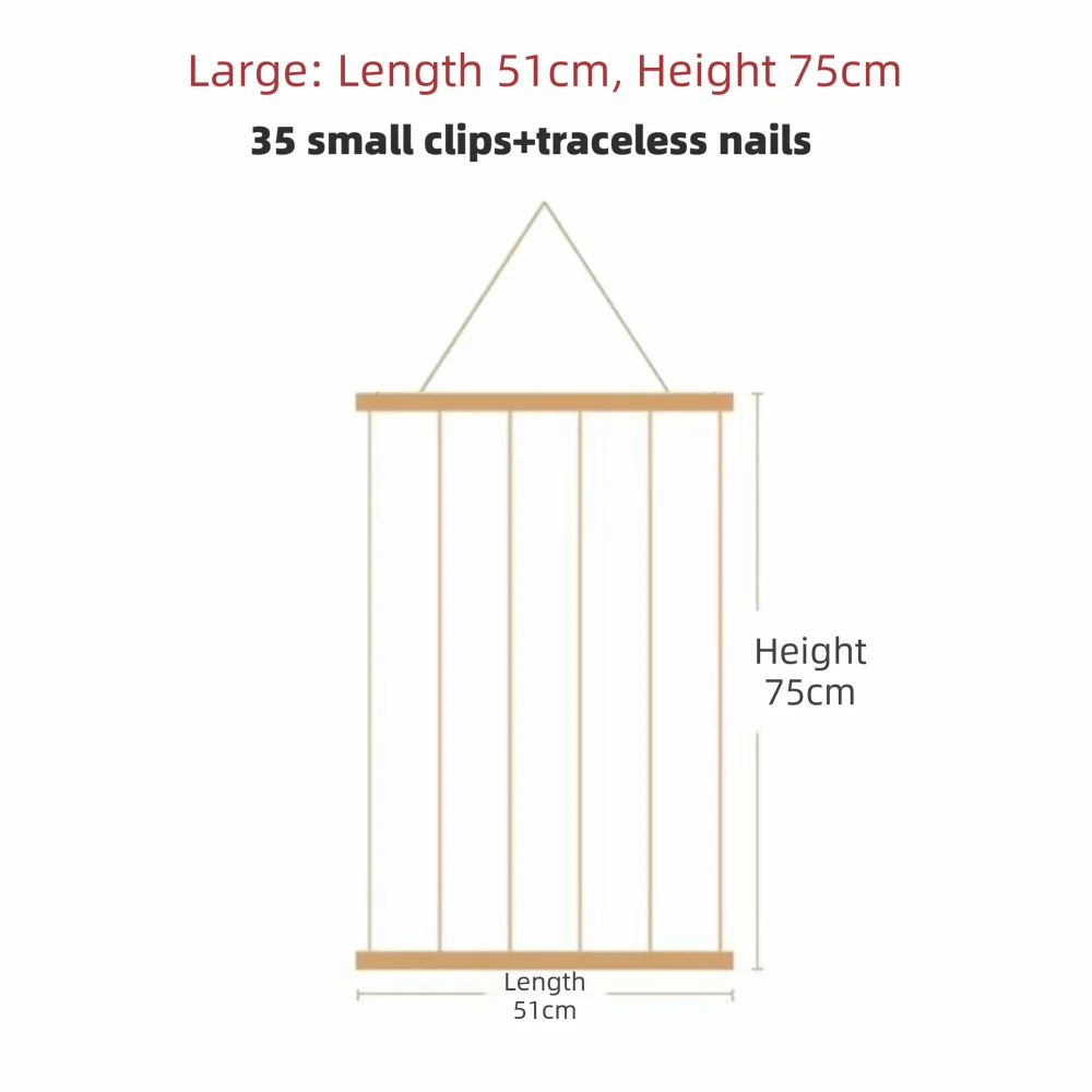 Support à photos en bois à pinces multiples Nesty, schéma des dimensions du grand modèle 51x75 cm avec 35 pinces
