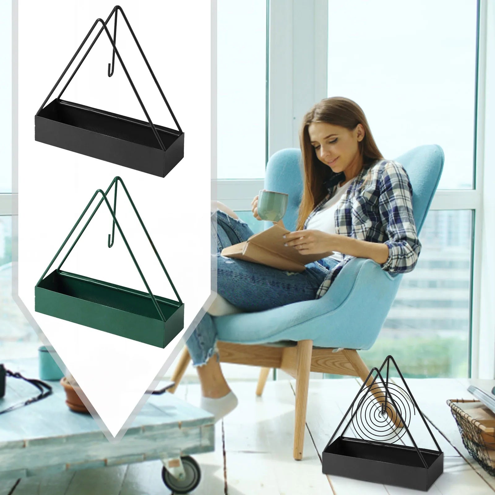 Porte-encens en inox Nesty - Coloris noir et vert, présentés avec une personne lisant