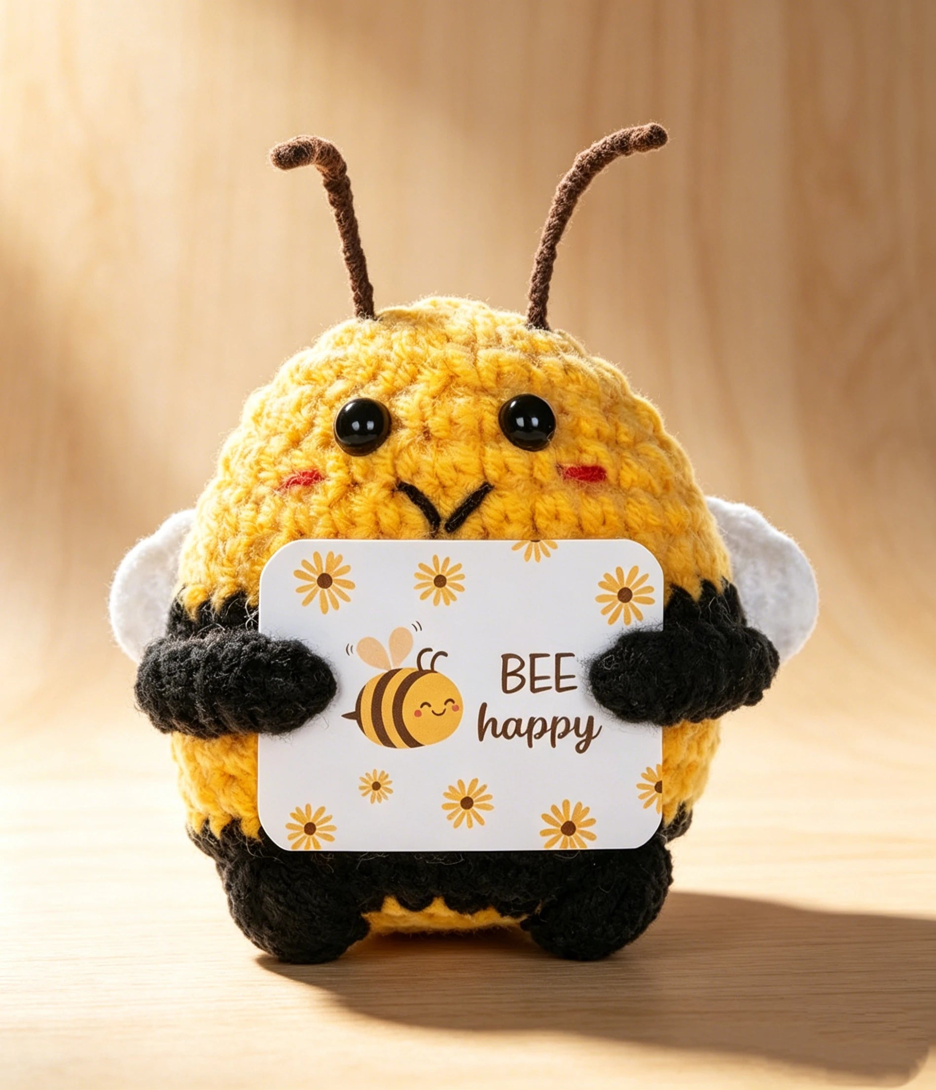 Petite abeille tricotée main Nesty - Tenant une carte Bee Happy, fond bois