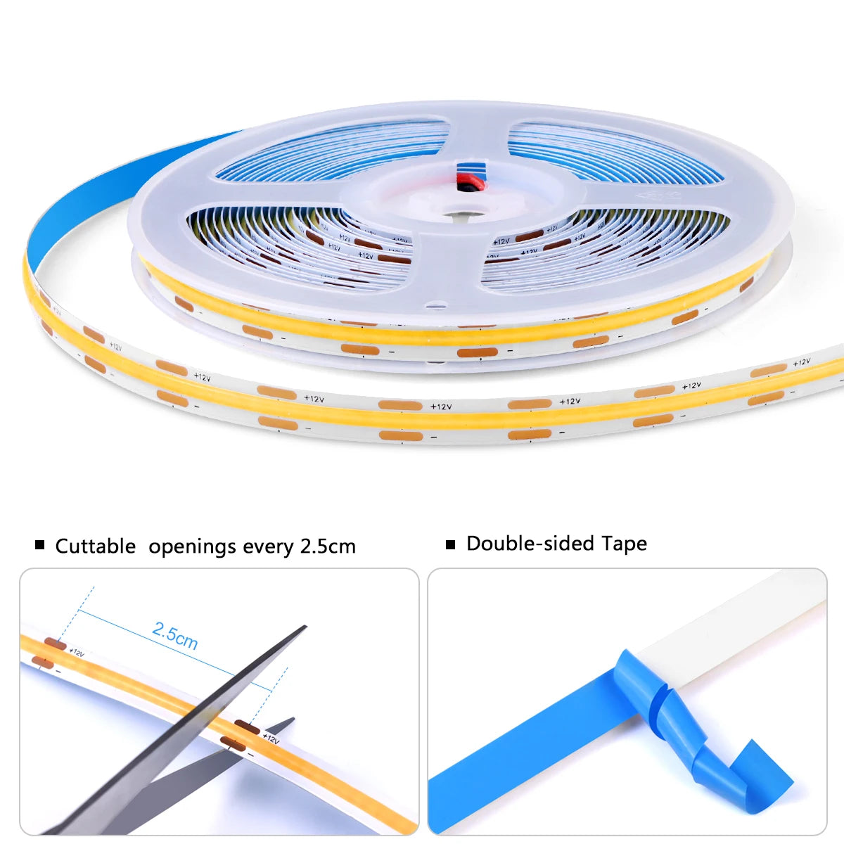 Ruban LED tactile pour dressing et cuisine Nesty - Bobine de ruban COB avec zones de découpe tous les 2,5 cm et adhésif double face