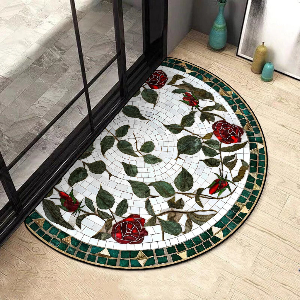 Tapis d'entrée semi-circulaire à motif floral Nesty - Imprimé mosaïque roses rouges, devant une porte vitrée noire